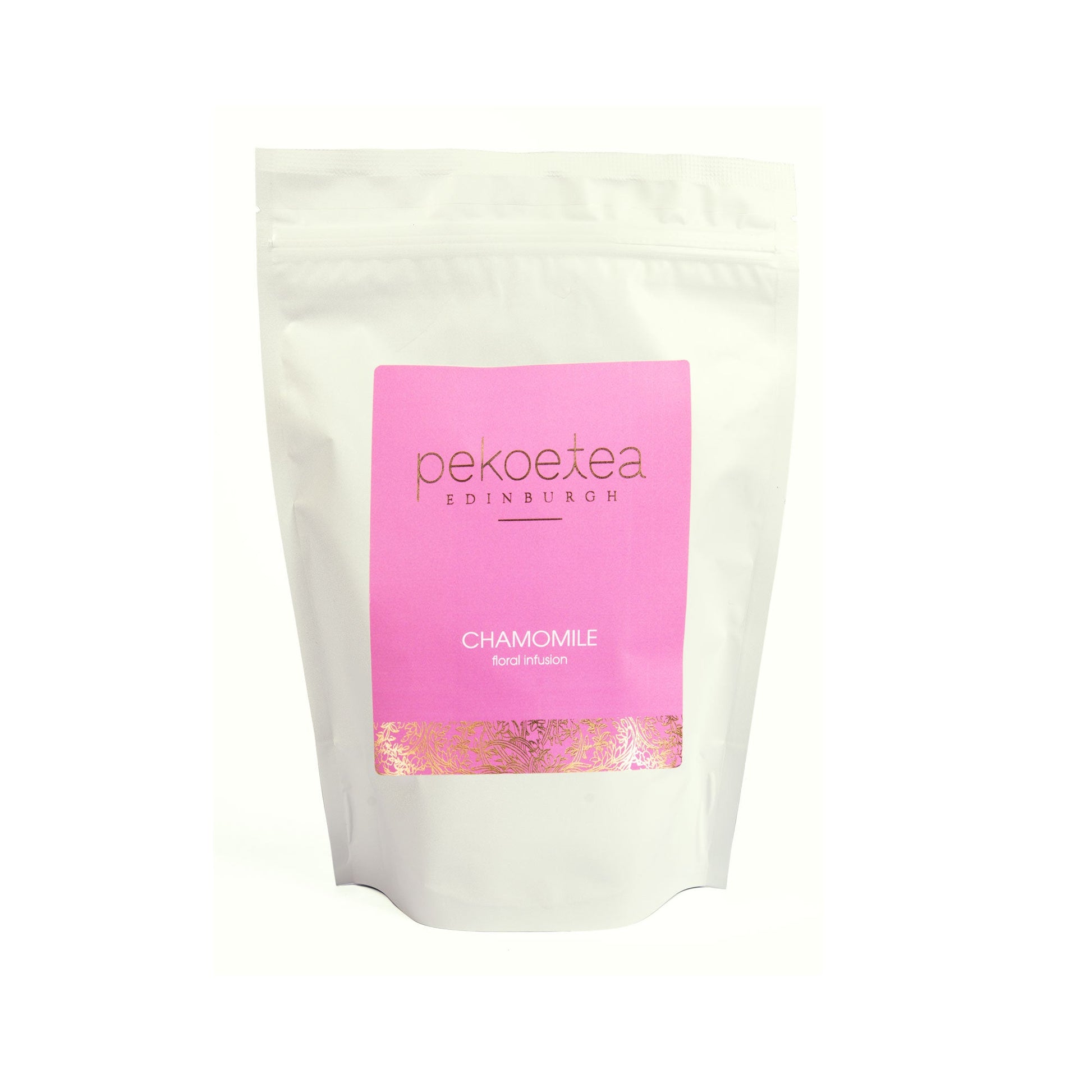 Dried chamomile flowers for tea in a 250g package from PekoeTea Edinburgh, showcasing fresh, aromatic chamomile blossoms.