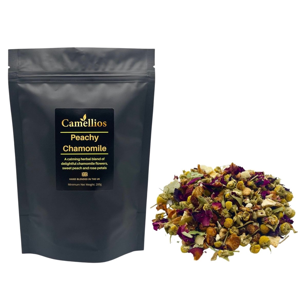 Loose leaf Peachy Chamomile tea from Camellios in a 200g package, showing dried chamomile flowers and peach pieces.
