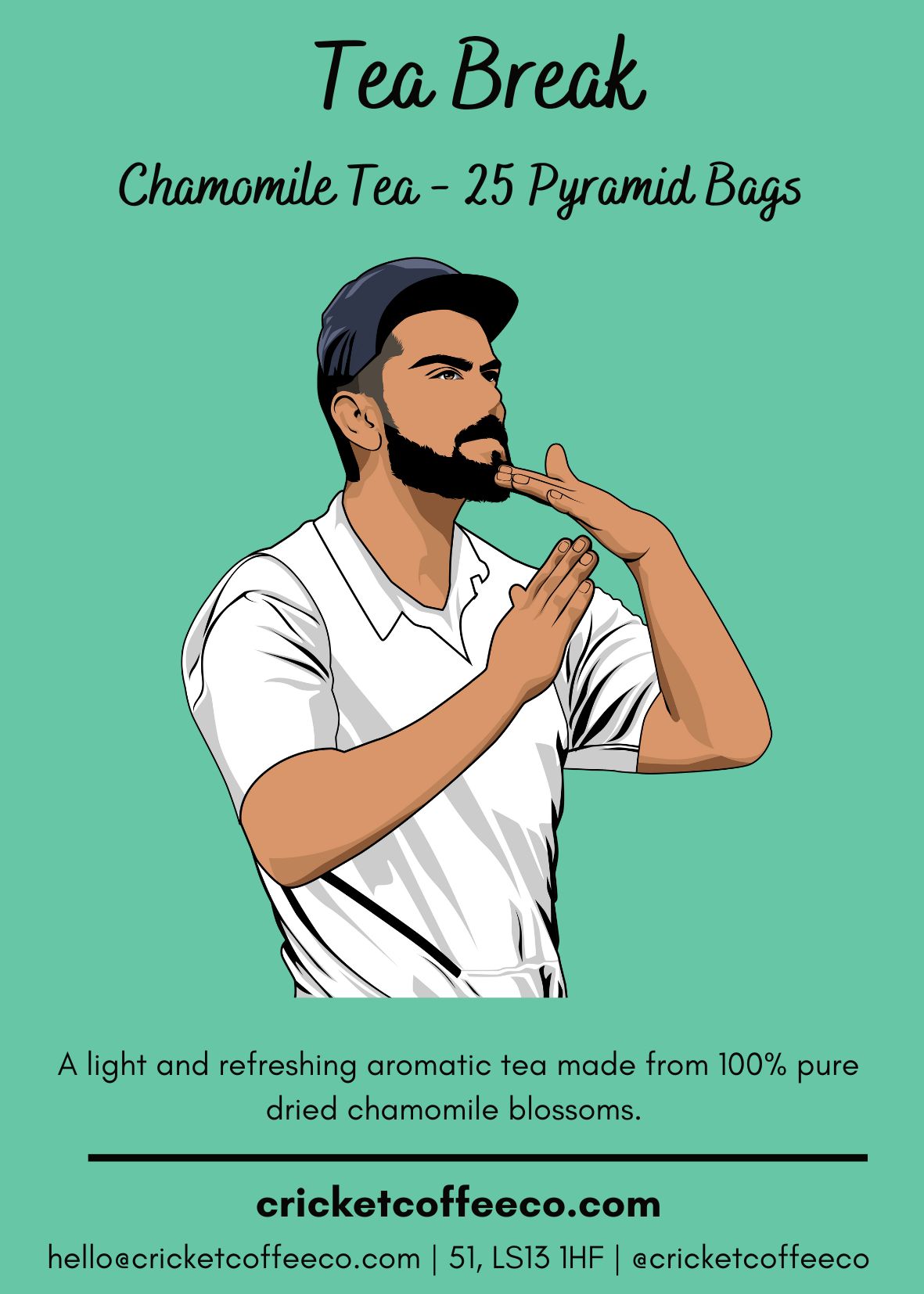 Chamomile tea from Clubhouse Roastery with a tea label featuring a relaxing tea break scene and natural floral illustrations.