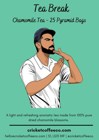 Chamomile tea from Clubhouse Roastery with a tea label featuring a relaxing tea break scene and natural floral illustrations.