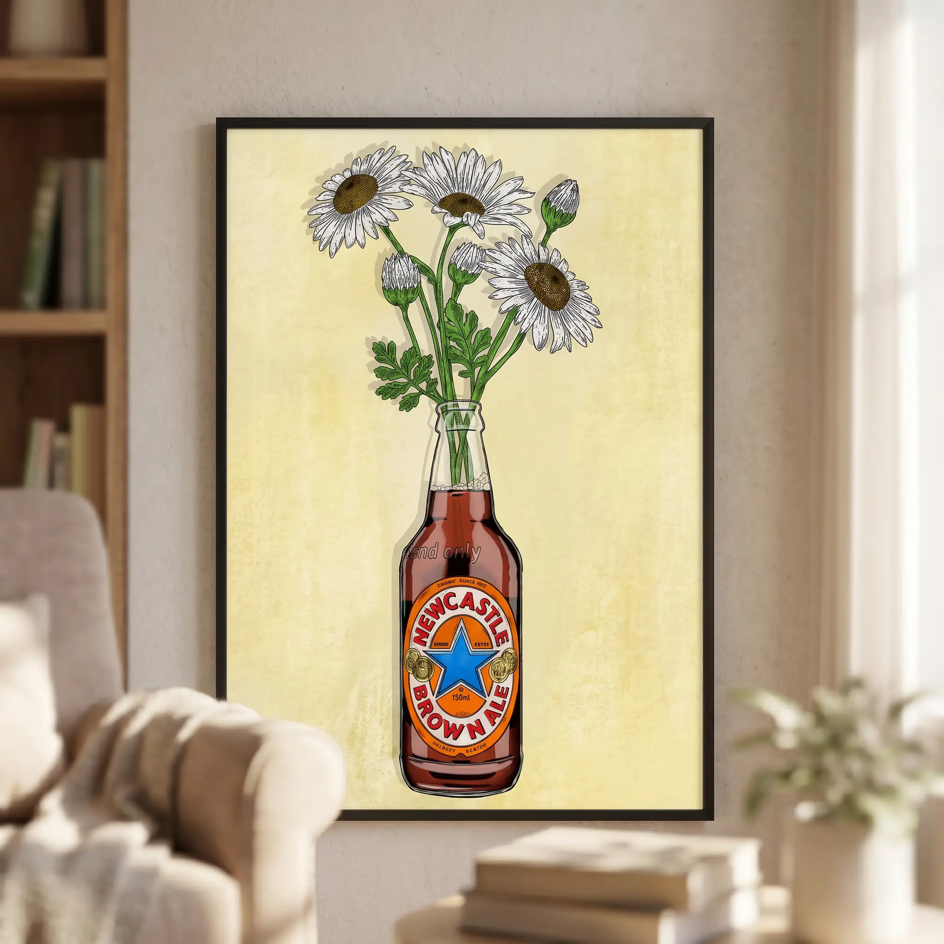 Artwork of Newcastle Brown Ale and flowers by Glassware UK, featuring a cozy background with vibrant floral elements.