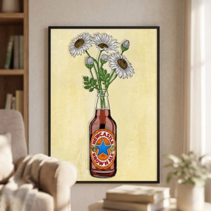 Artwork of Newcastle Brown Ale and flowers by Glassware UK, featuring a cozy background with vibrant floral elements.