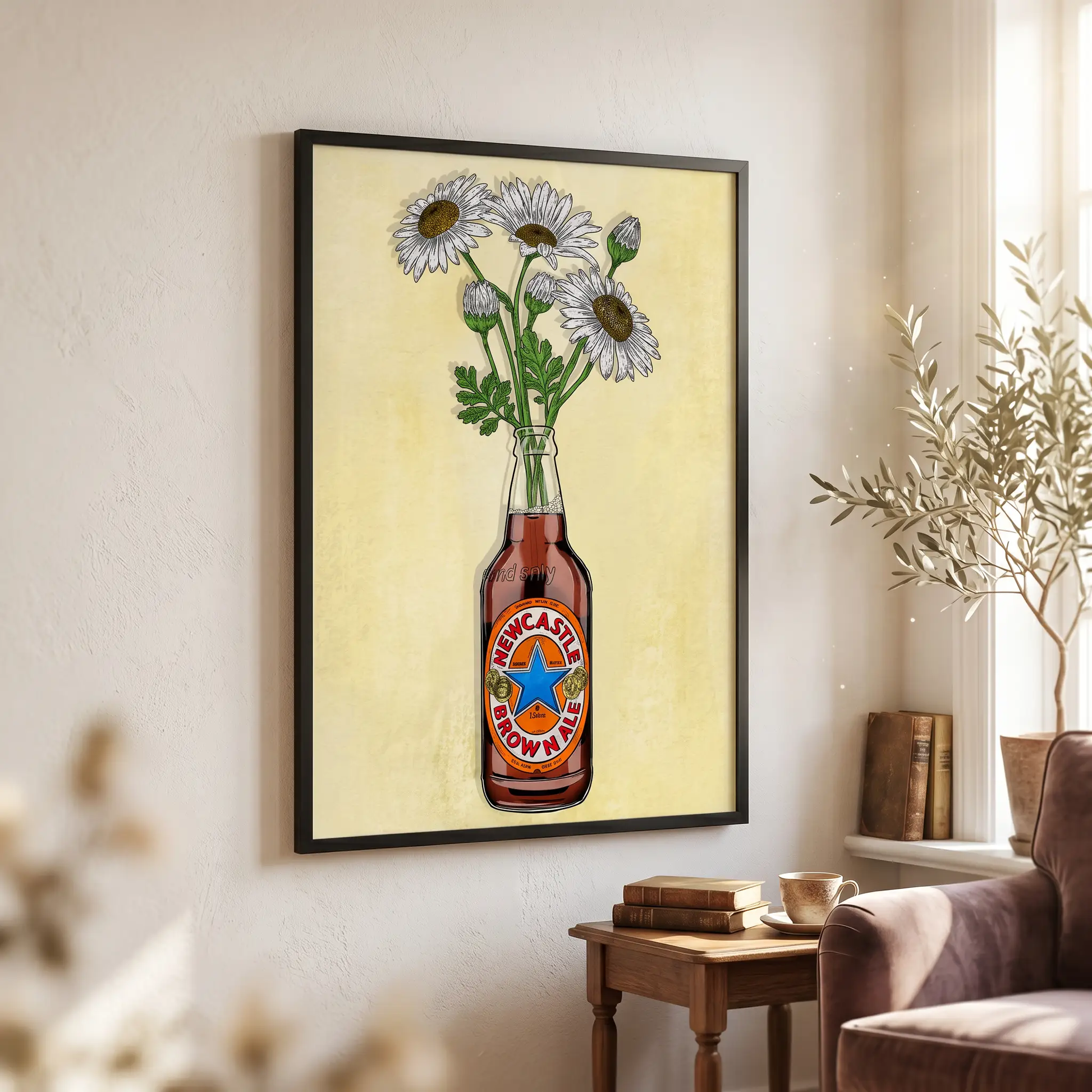 Colorful artwork featuring Newcastle Brown beer and flowers, created by Glassware UK, with a cozy Nano Banana background.