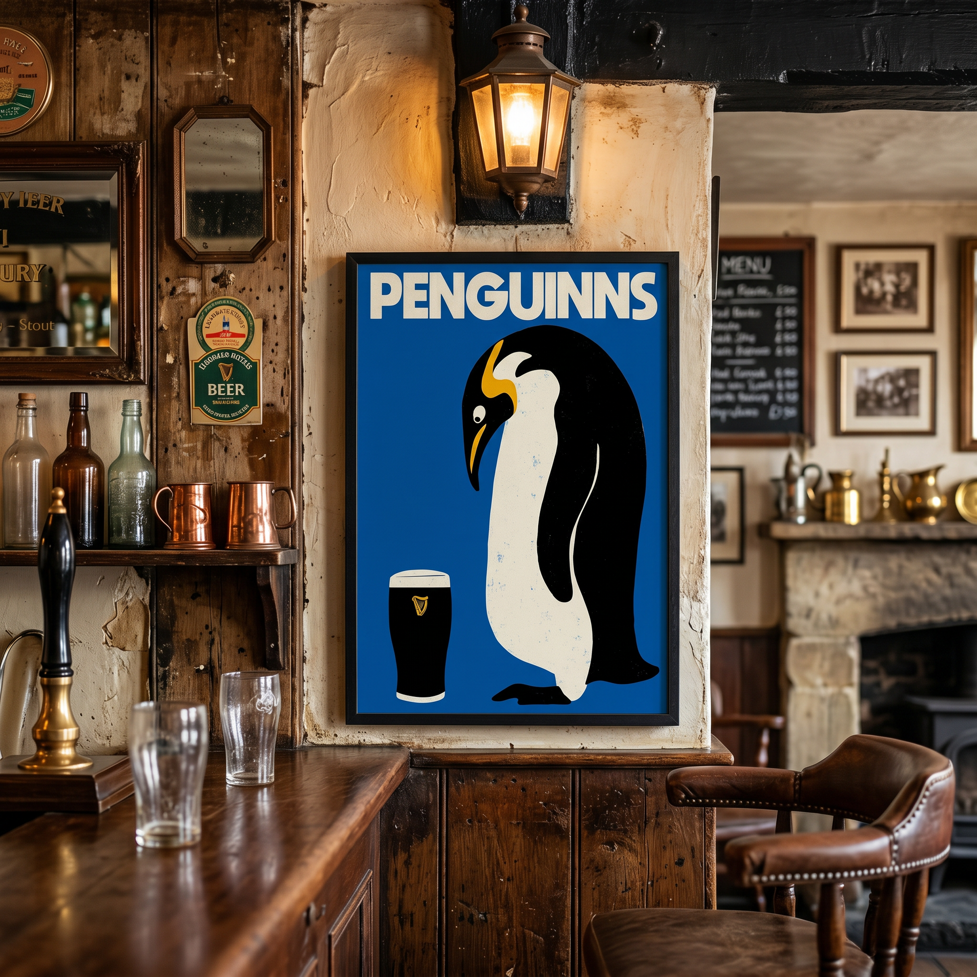 Colorful penguin artwork featuring Guinness branding on glassware, with a vibrant yellow background and playful design.