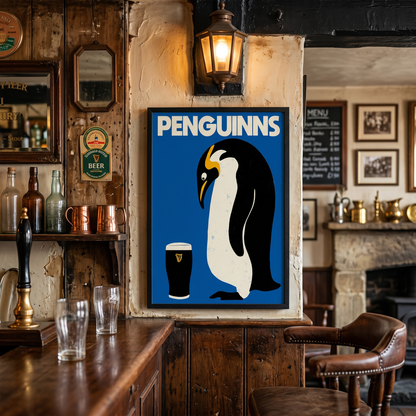 Colorful penguin artwork featuring Guinness branding on glassware, with a vibrant yellow background and playful design.