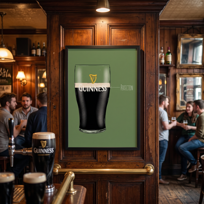 Artwork featuring a pub scene on a glassware UK Perfect Pint artwork with a colorful background and detailed pub imagery.