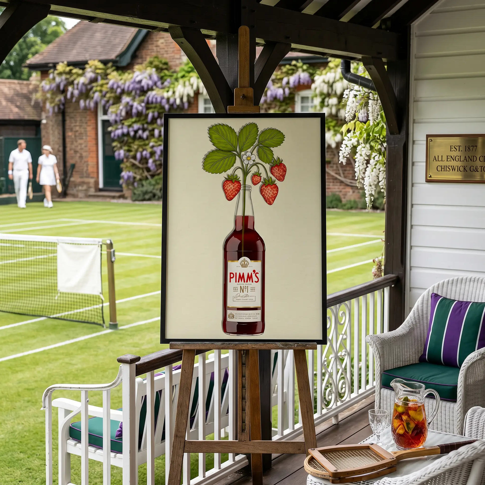 Colorful artwork titled "Pimms & Flowers" featuring vibrant floral and beverage elements, displayed on glassware from Glassware UK.
