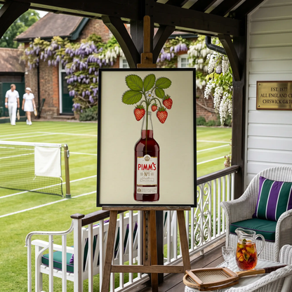 Colorful artwork titled "Pimms & Flowers" featuring vibrant floral and beverage elements, displayed on glassware from Glassware UK.