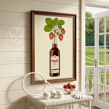Colorful artwork titled "Pimms & Flowers" featuring vibrant floral and beverage imagery by Glassware UK.