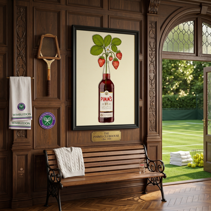 Artwork titled Pimms & Flowers by Glassware UK featuring vibrant floral and fruit motifs on a decorative art piece.