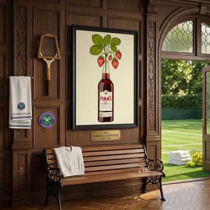 Colorful artwork titled Pimms & Flowers by Glassware UK, featuring vibrant floral and beverage-themed designs on a canvas.
