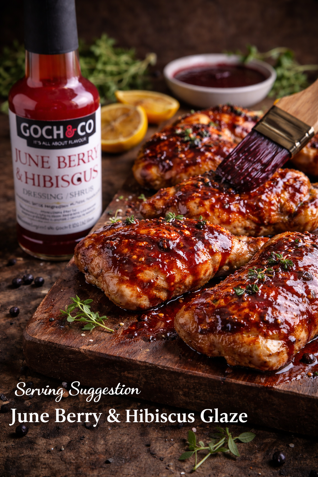 June Berry and Hibiscus Goch & Co dressing or shrub in a glass bottle with a colorful label, showcasing a vibrant, fruity beverage.