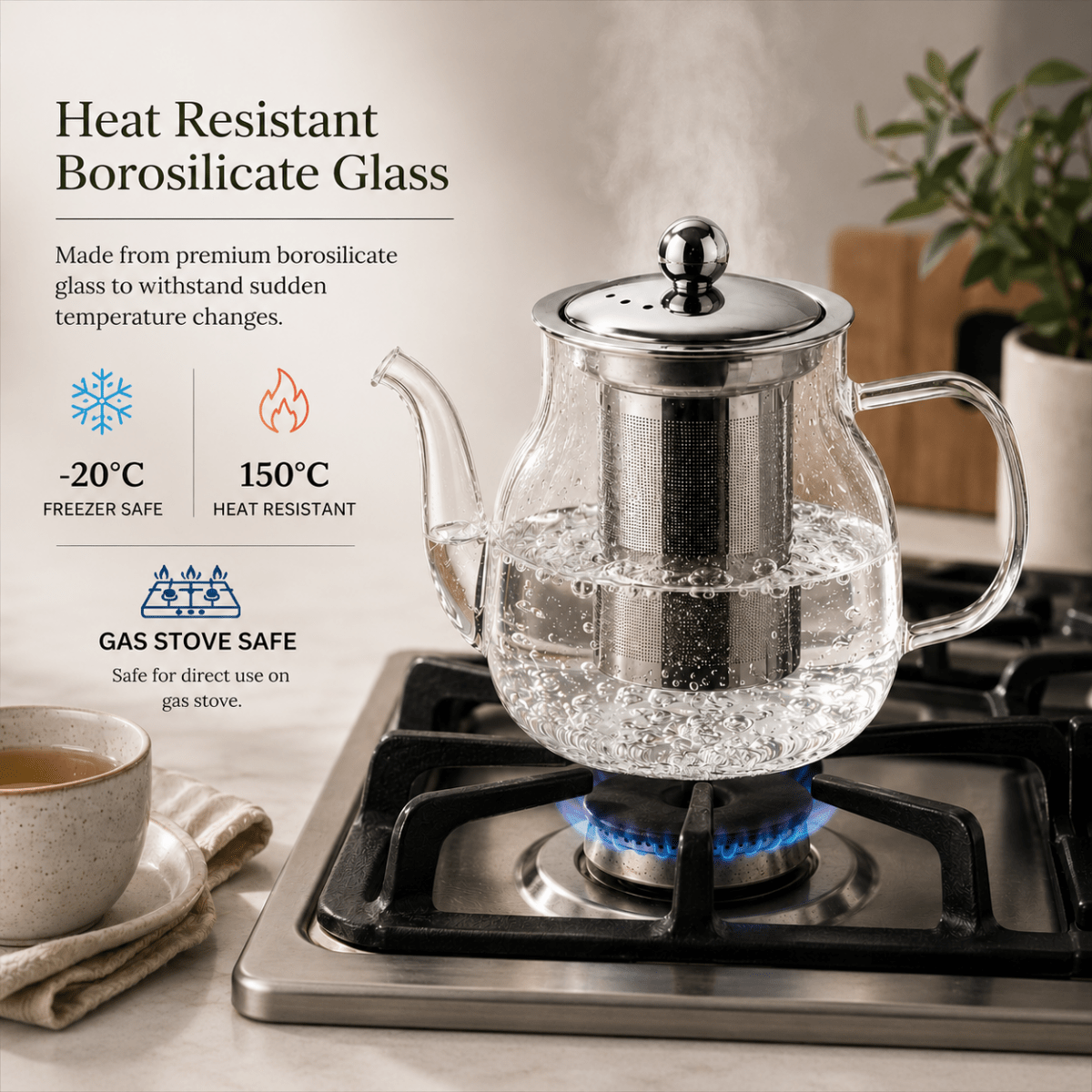 Camellios teapot with infuser for brewing tea, featuring a ceramic body and stainless steel infuser inside.