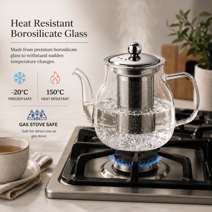 Camellios teapot with infuser for brewing tea, featuring a ceramic body and stainless steel infuser inside.