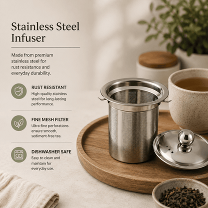 Camellios teapot with infuser, ceramic teaware for brewing tea, featuring a handle and spout, ideal for loose leaf tea brewing.