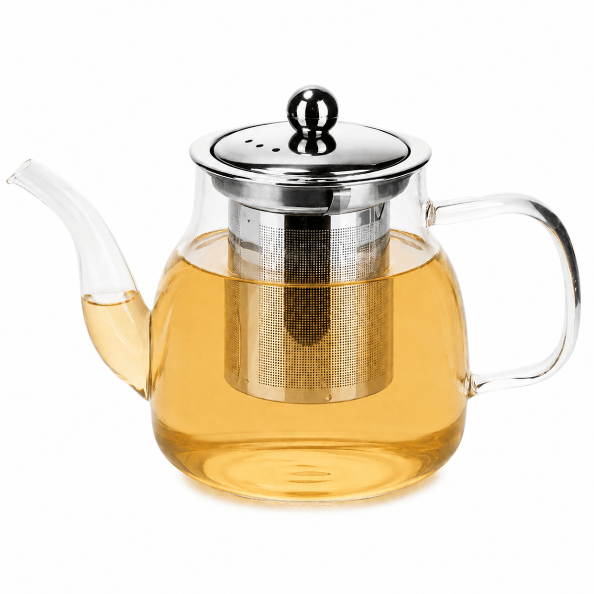 Camellios teapot with infuser, ceramic teaware for brewing loose leaf tea, featuring a handle and lid, on a neutral background.