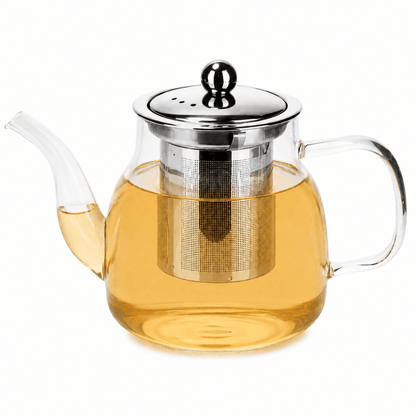Camellios teapot with infuser, ceramic teaware for brewing loose leaf tea, featuring a handle and lid, on a neutral background.