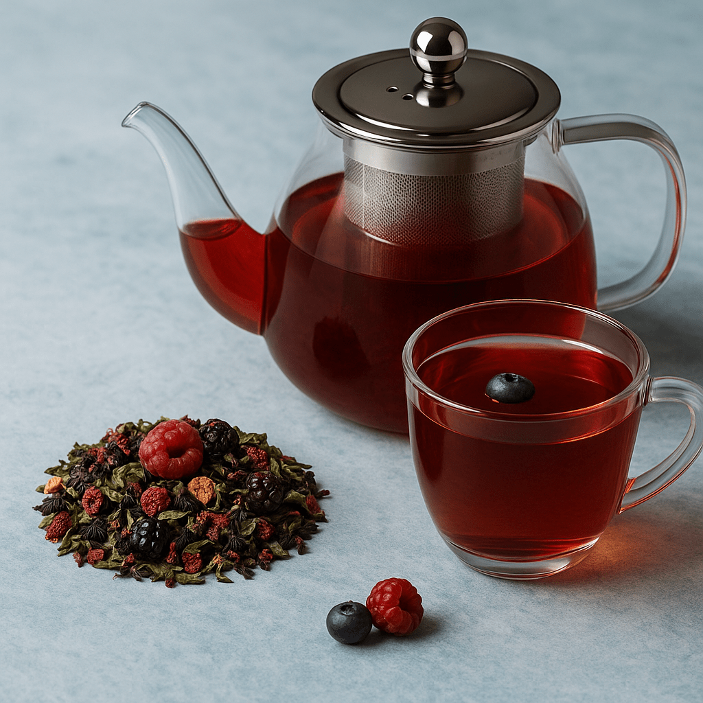 Assorted herbal loose leaf teas from Camellios, displayed in a rustic wooden box with dried herbs and tea leaves.