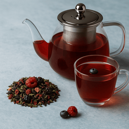 Assorted herbal loose leaf teas from Camellios, displayed in a rustic wooden box with dried herbs and tea leaves.