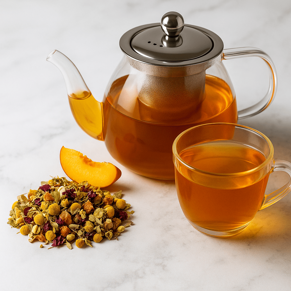 Assorted herbal loose leaf teas and infusions from Camellios displayed in glass jars and tea leaves on a wooden surface.