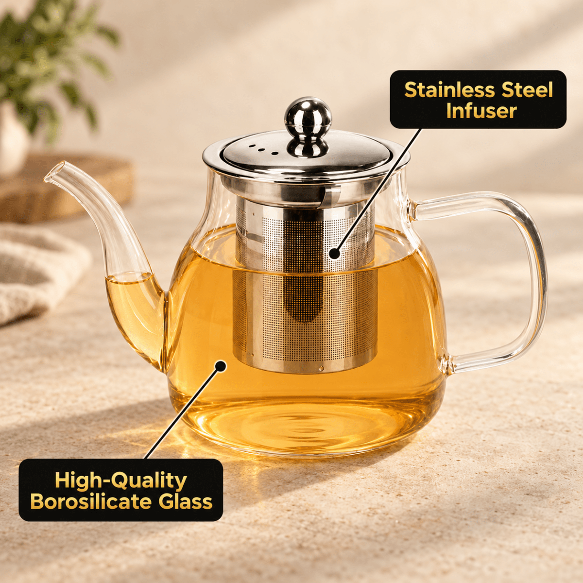 Loose leaf tea set by Camellios with assorted tea infusions and a teapot, displayed on a wooden table.
