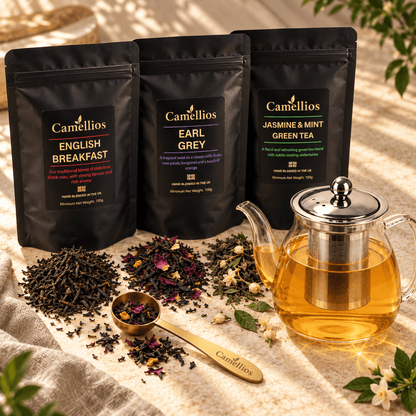 Camellios loose leaf tea set with assorted tea infusions, featuring a variety of tea leaves and infusers in a natural setting.