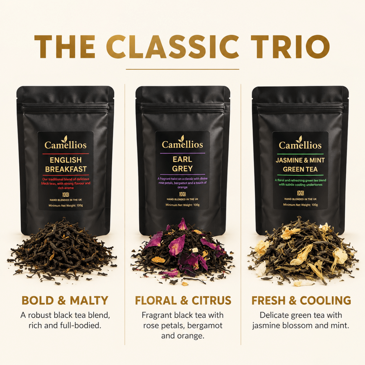 Camellios loose leaf tea set with assorted tea leaves and infusions in a wooden tray for brewing and tasting.