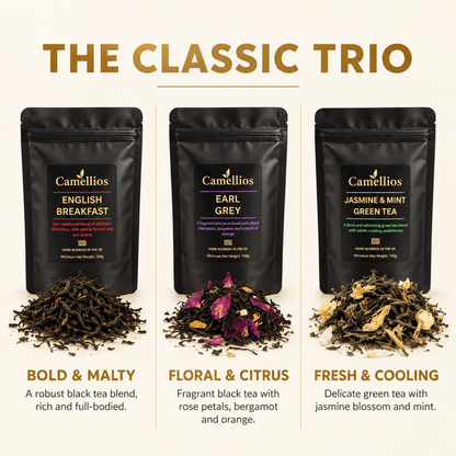 Camellios loose leaf tea set with assorted tea leaves and infusions in a wooden tray for brewing and tasting.