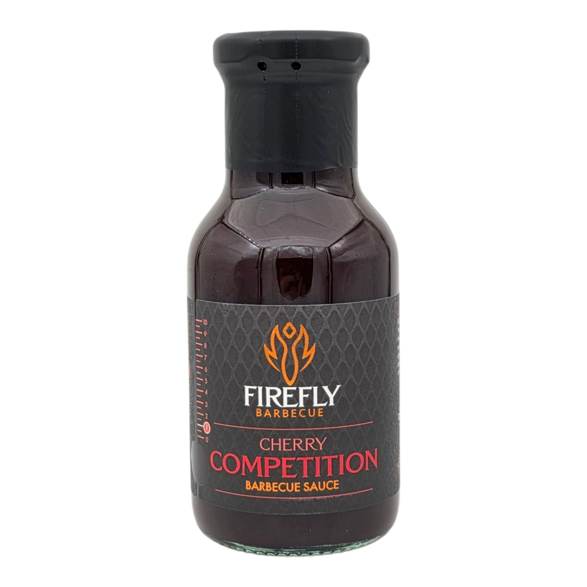 FireFly Barbecue Competition Cherry BBQ Sauce bottle with label and rich red sauce in a close-up shot.
