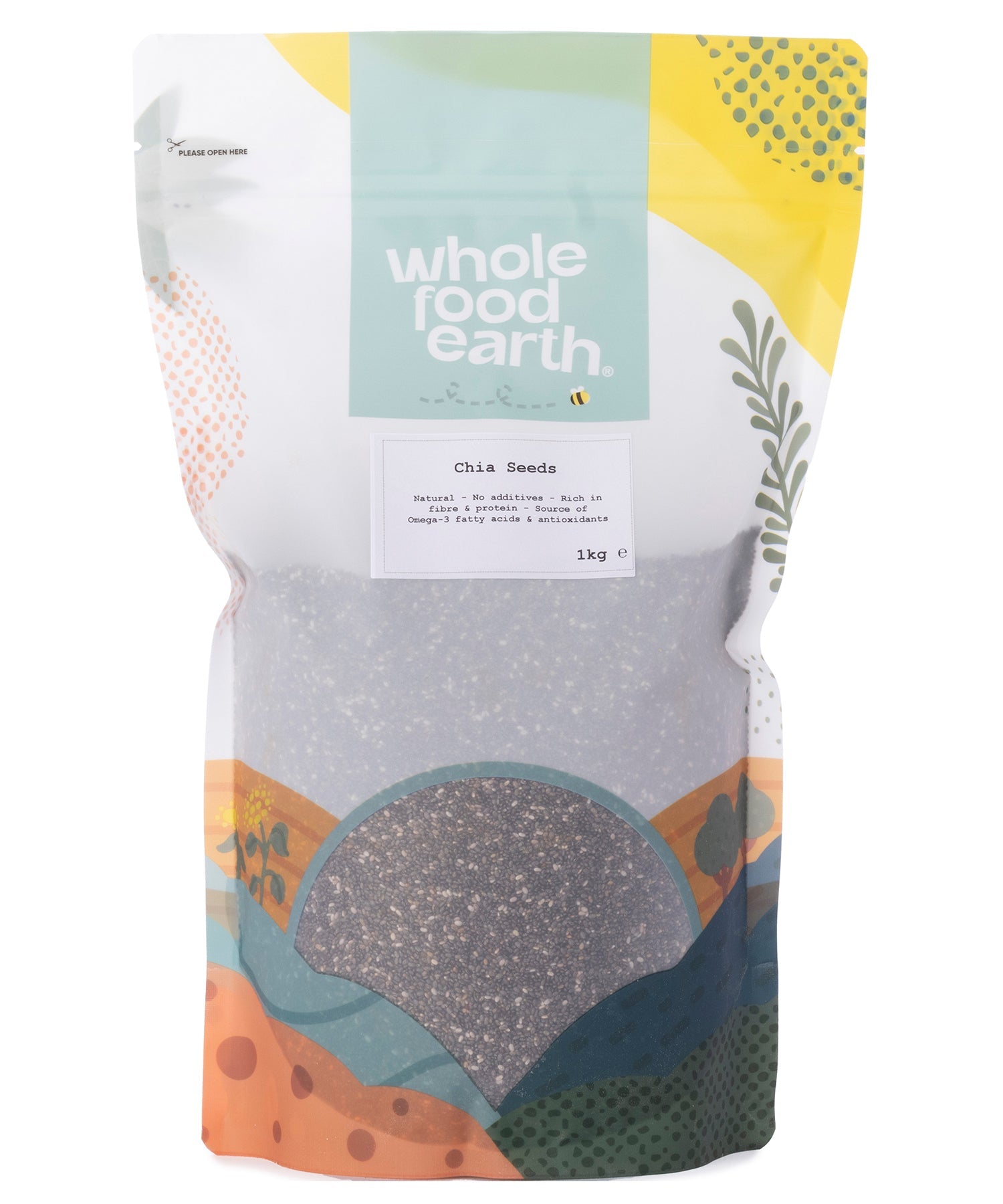 Whole Food Earth chia seeds in a clear container, showing small, black and white seeds perfect for healthy smoothies and baking.
