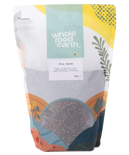 Whole Food Earth chia seeds in a 2kg bag, fresh and whole chia seeds for healthy eating and cooking.