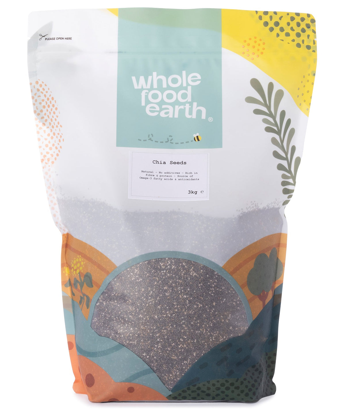 Organic chia seeds from Whole Food Earth in a 3kg bag, showcasing small, black and white seeds used for health and nutrition.