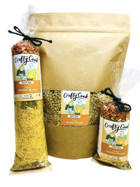 All-purpose chicken noodle soup mix by Crafty Cook, featuring dried noodles and seasoned broth in a clear package.