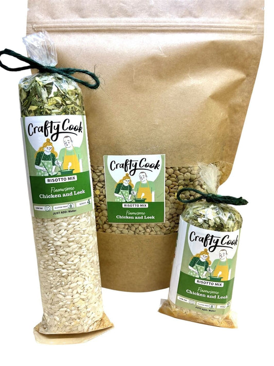 Creamy chicken and leek risotto mix by Crafty Cook, featuring uncooked rice, chicken pieces, and leek ingredients in a packaging shot.