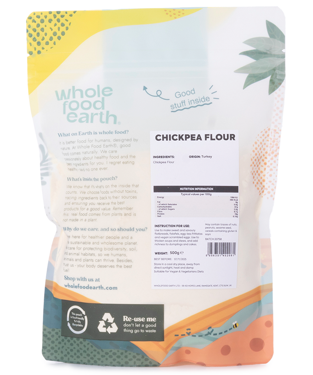 Whole Food Earth chickpea flour in a 500g bag, smooth beige powder for baking and cooking, part of flours and grains collection.
