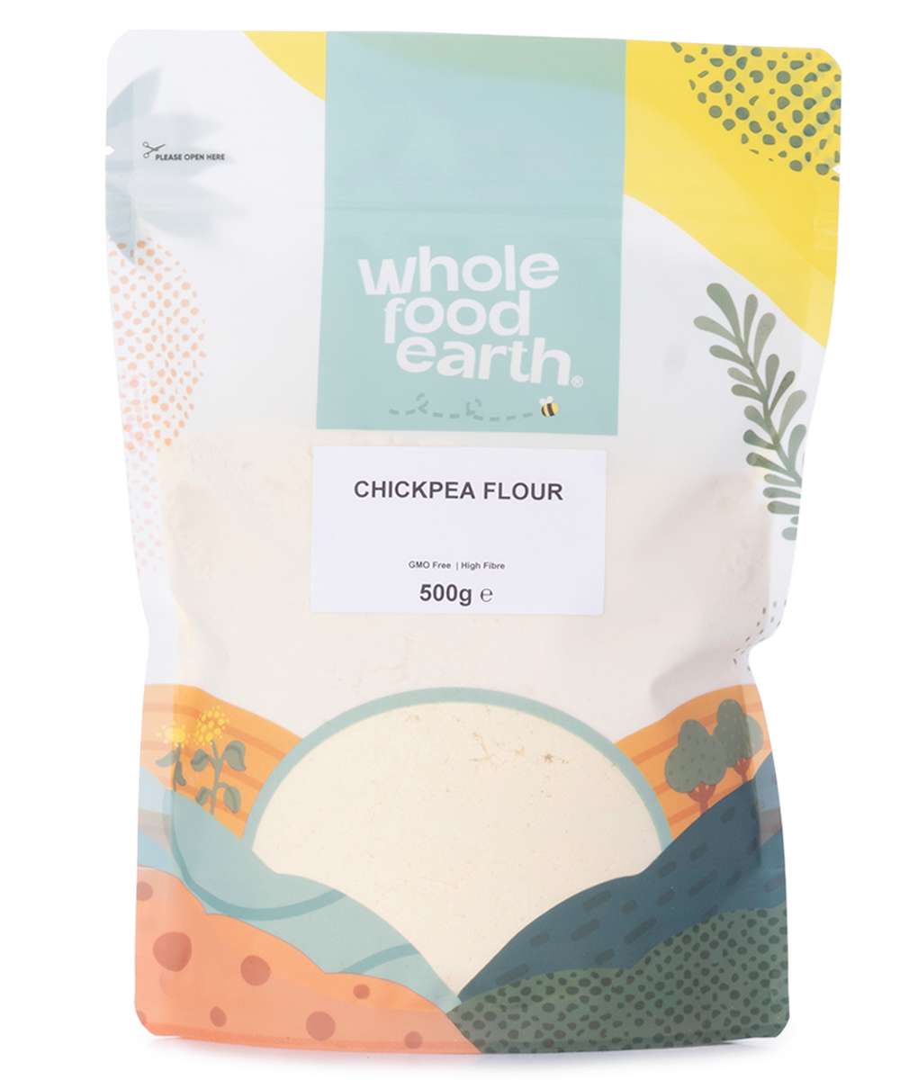 Whole Food Earth chickpea flour in a 500g package, natural beige powder used for baking and cooking in the flours and grains category.