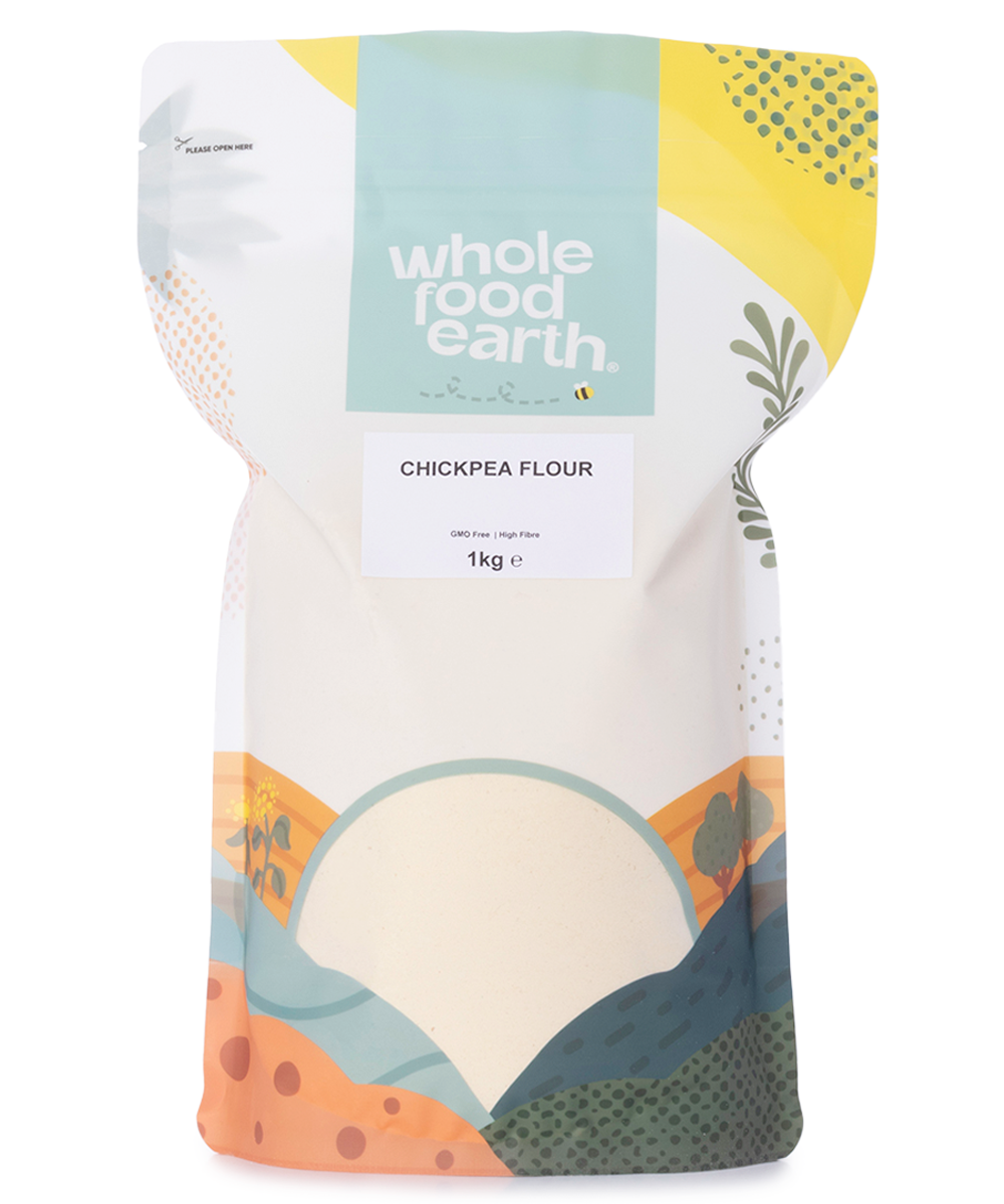 Whole Food Earth chickpea flour in a 1kg bag, showing the packaging and product label for gluten-free cooking and baking.
