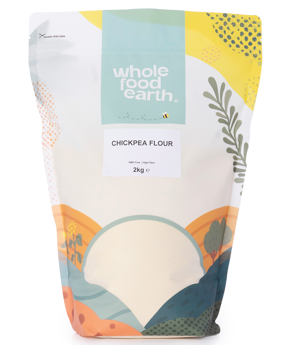 Whole Food Earth chickpea flour in a 2kg bag, a natural gluten-free flour made from ground chickpeas, ideal for baking and cooking.