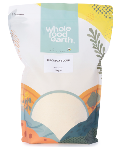 Whole Food Earth chickpea flour in a 3kg bag, natural gluten-free flour made from ground chickpeas for baking and cooking.