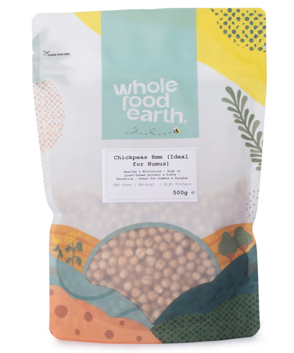 Whole Food Earth 8mm chickpeas, beans and pulses ideal for hummus, shown in a 500g package.