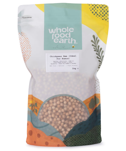 Whole Food Earth 1kg bag of chickpeas 8mm size, ideal for hummus, showing beige beans in a clear bag.