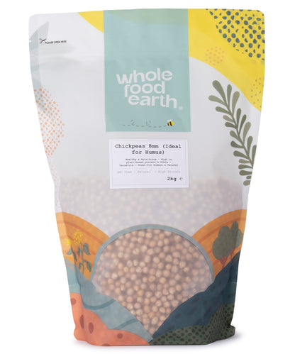 Whole Food Earth chickpeas, 8mm size, in a 2kg bag, ideal for making hummus, displayed in a clear image of dried beans.