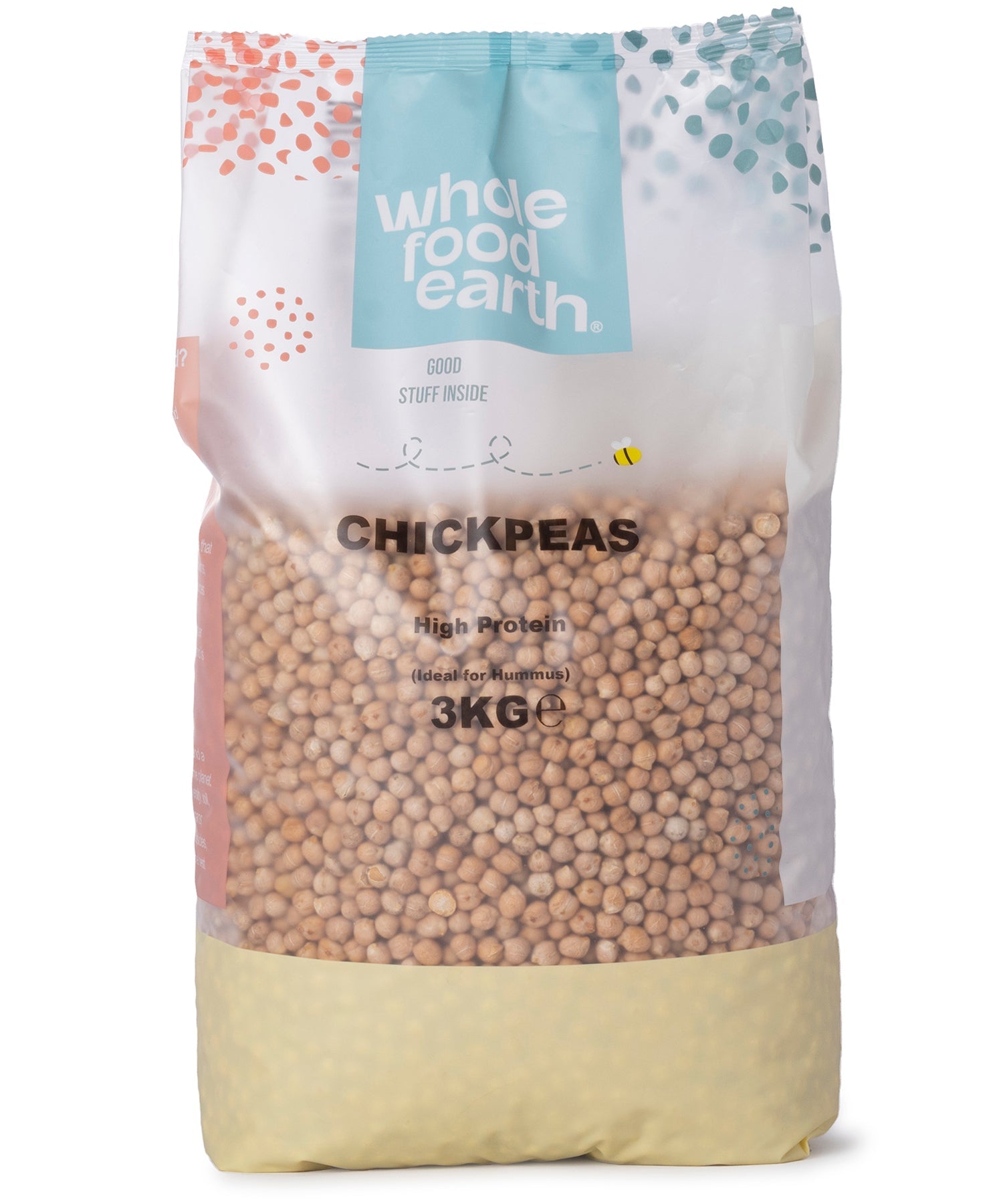 Whole Food Earth 8mm chickpeas for hummus in a 3kg bag, showing plump, dry beans perfect for cooking and blending.
