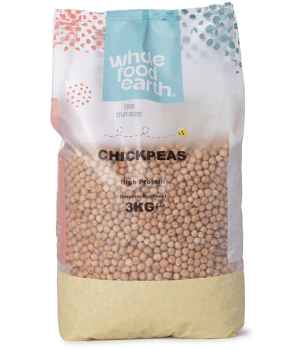 Whole Food Earth 8mm chickpeas for hummus in a 3kg bag, showing plump, dry beans perfect for cooking and blending.