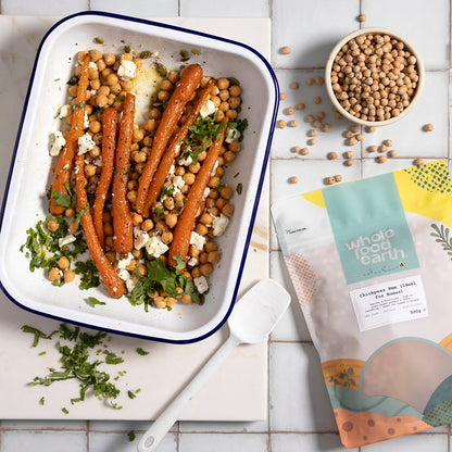 Whole Food Earth 8mm chickpeas for hummus, showing fresh, raw beans in a natural setting, ideal for cooking and recipes.