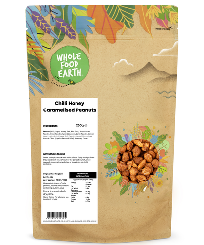 Crunchy caramelized peanuts with chili and honey, from Whole Food Earth, in a 250g package.