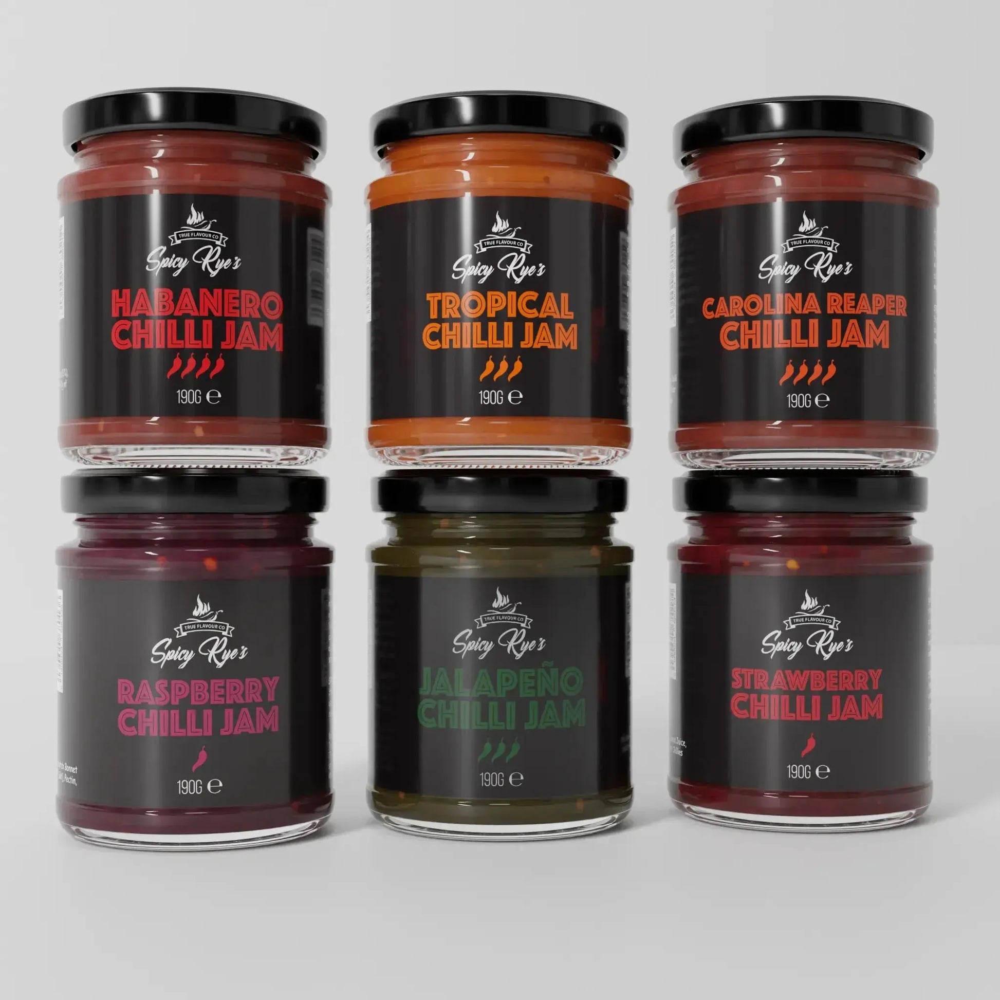 Spicy Ryes Chilli Jam Medley Gift Set featuring assorted jars of spicy chili jams arranged in a gift box.