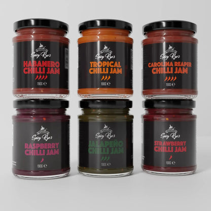 Spicy Ryes Chilli Jam Medley Gift Set featuring assorted jars of spicy chili jams arranged in a gift box.
