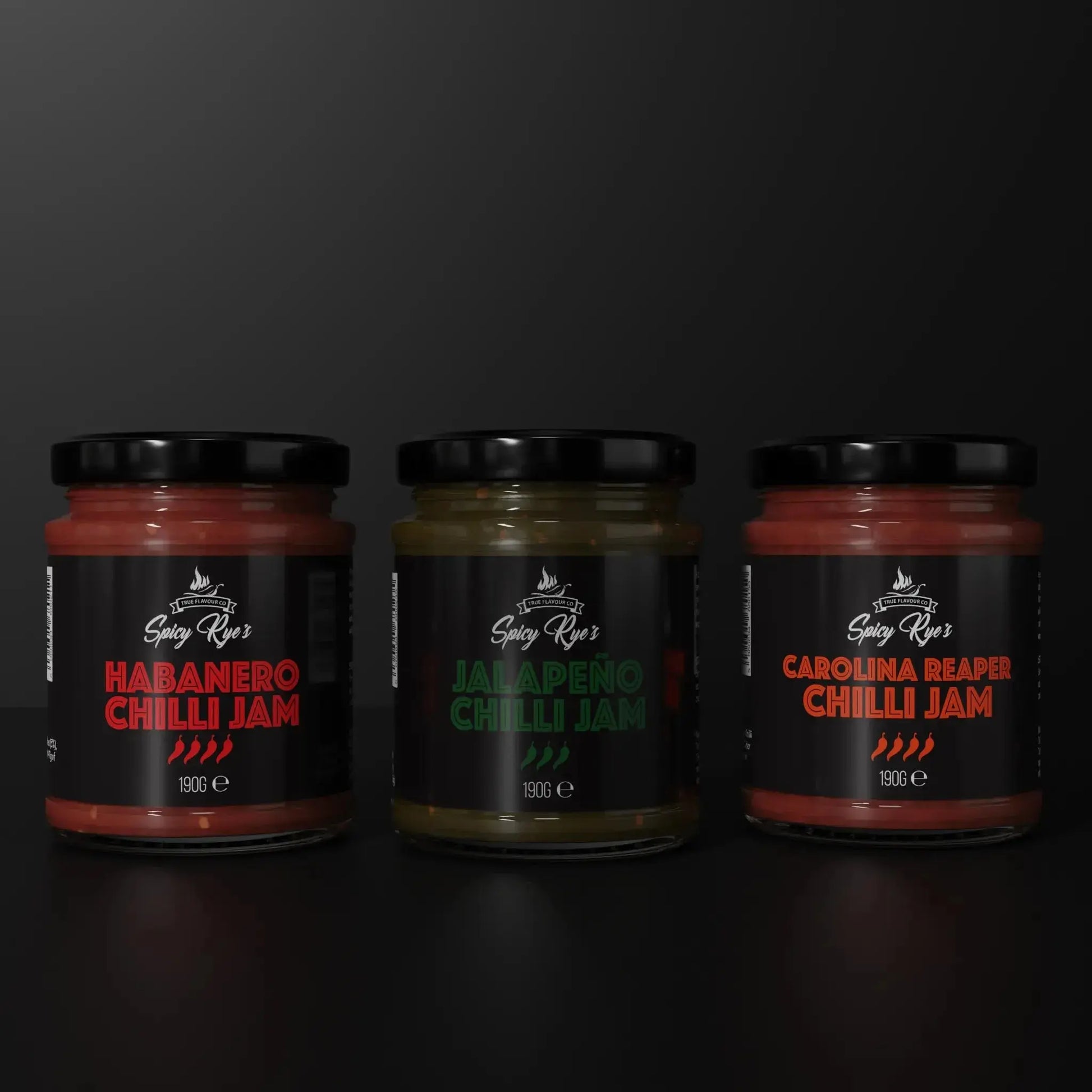 Spicy Ryes Chilli Jam Trio Gift Set featuring three jars of spicy chili jams with vibrant labels and packaging.