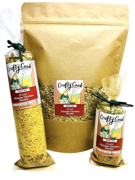 Chinese chicken noodle soup mix by Crafty Cook with dried noodles, spices, and seasoning in a clear package.